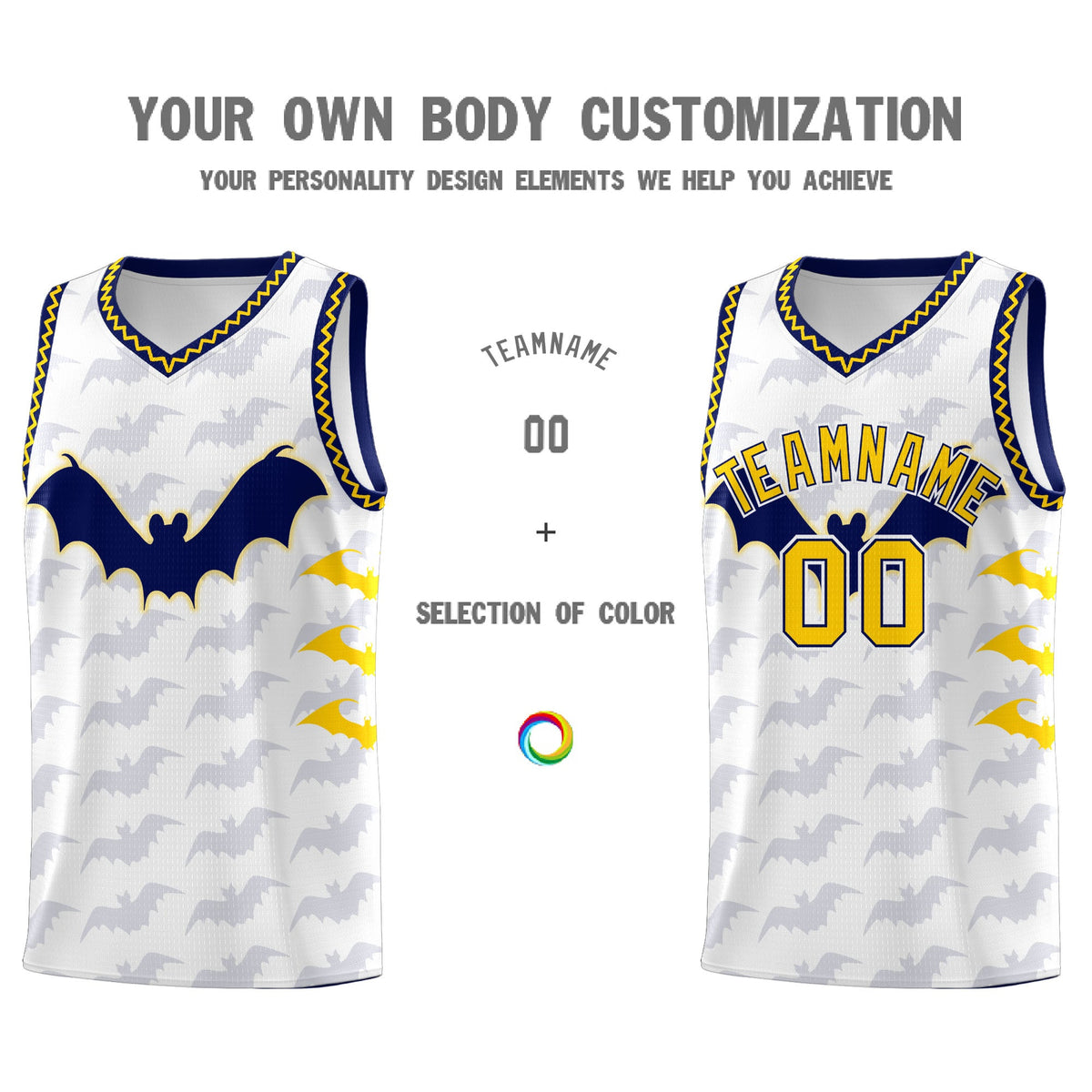 Custom White Gold Navy Bat Pattern Halloween Basketball Jersey | For Men,For Kid,For Youth,Sublimation Printed,Perfect for Training,Perfect for Parties,Add Name and Numbern | KXKSHOP