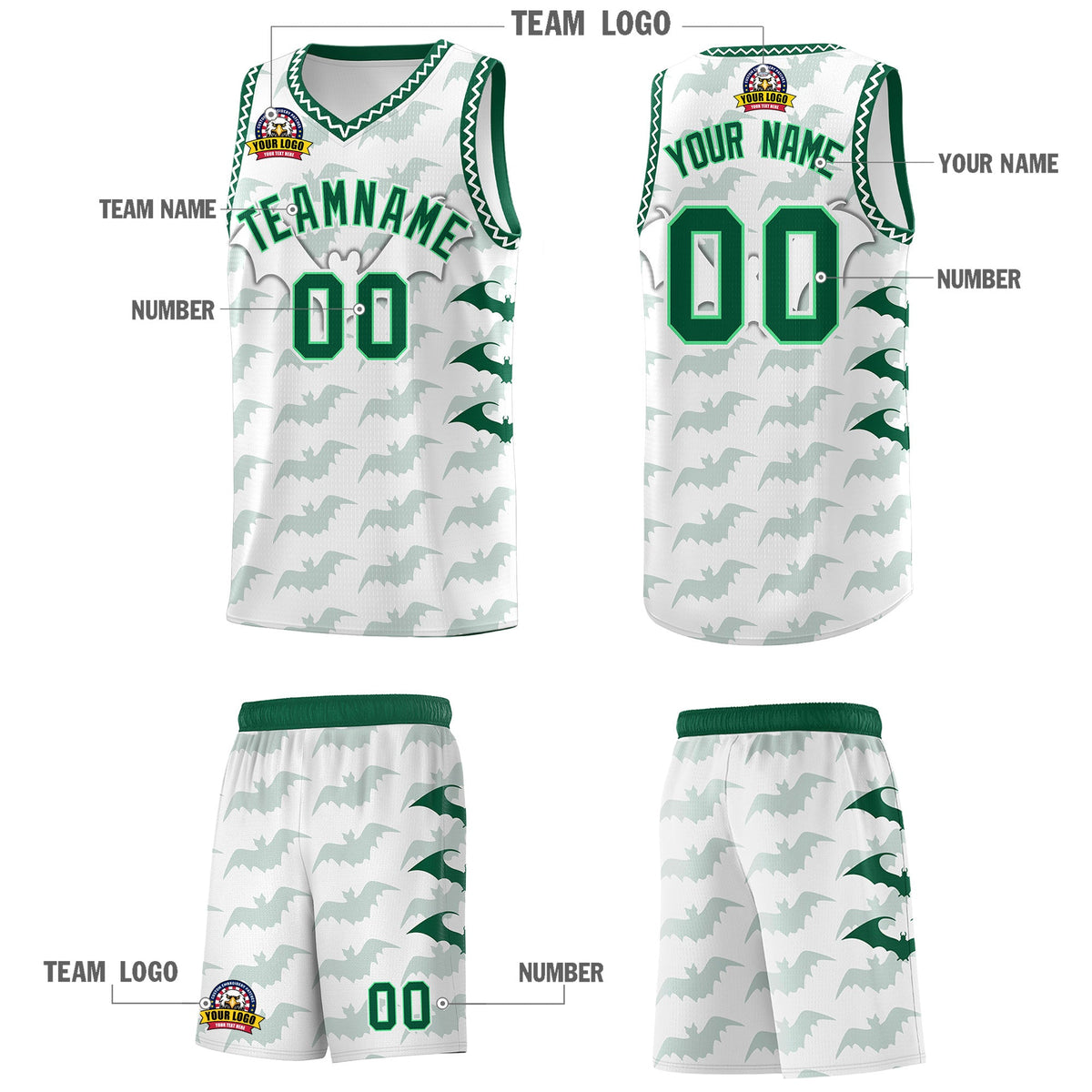 Custom White Kelly Green Bat Pattern Halloween Basketball Jersey | For Men,For Kid,For Youth,Sublimation Printed,Perfect for Training,Perfect for Parties,Add Name and Numbern | KXKSHOP