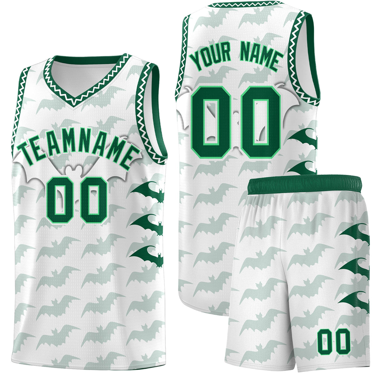 Custom White Kelly Green Bat Pattern Halloween Basketball Jersey | For Men,For Kid,For Youth,Sublimation Printed,Perfect for Training,Perfect for Parties,Add Name and Numbern | KXKSHOP