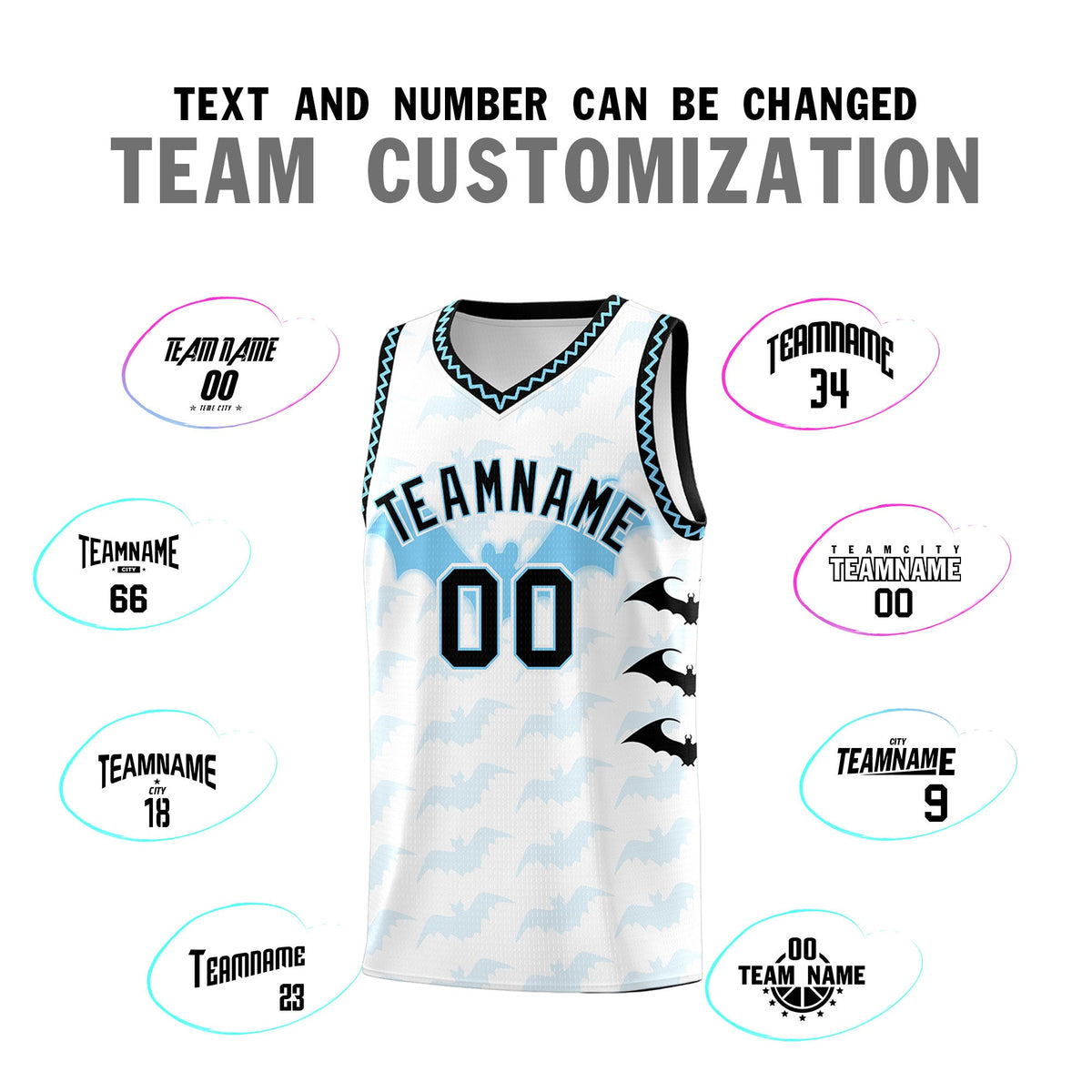 Custom White Light Blue Bat Pattern Halloween Basketball Jersey | For Men,For Kid,For Youth,Sublimation Printed,Perfect for Training,Perfect for Parties,Add Name and Numbern | KXKSHOP