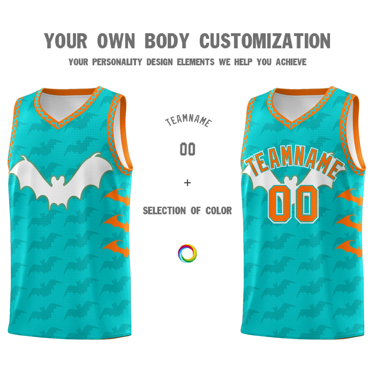 Custom Aqua Orange Bat Pattern Halloween Basketball Jersey | For Men,For Kid,For Youth,Sublimation Printed,Perfect for Training,Perfect for Parties,Add Name and Numbern | KXKSHOP