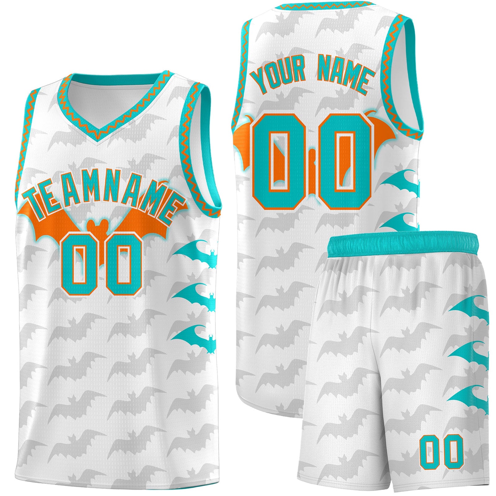 Custom White Orange Aqua Bat Pattern Halloween Basketball Jersey | For Men,For Kid,For Youth,Sublimation Printed,Perfect for Training,Perfect for Parties,Add Name and Numbern | KXKSHOP