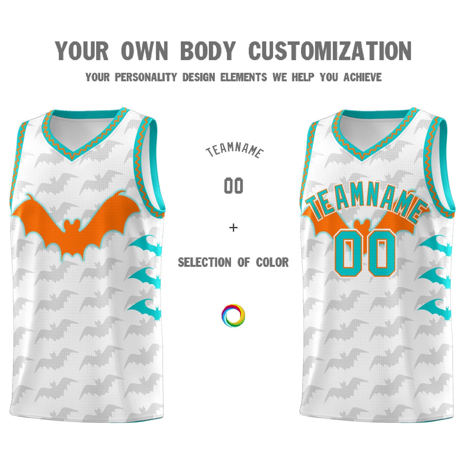 Custom White Orange Aqua Bat Pattern Halloween Basketball Jersey | For Men,For Kid,For Youth,Sublimation Printed,Perfect for Training,Perfect for Parties,Add Name and Numbern | KXKSHOP