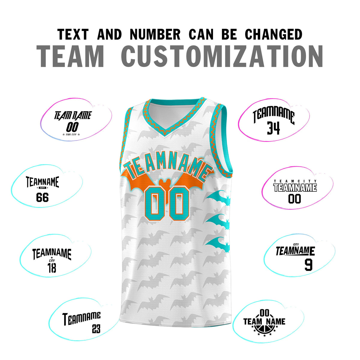 Custom White Orange Aqua Bat Pattern Halloween Basketball Jersey | For Men,For Kid,For Youth,Sublimation Printed,Perfect for Training,Perfect for Parties,Add Name and Numbern | KXKSHOP