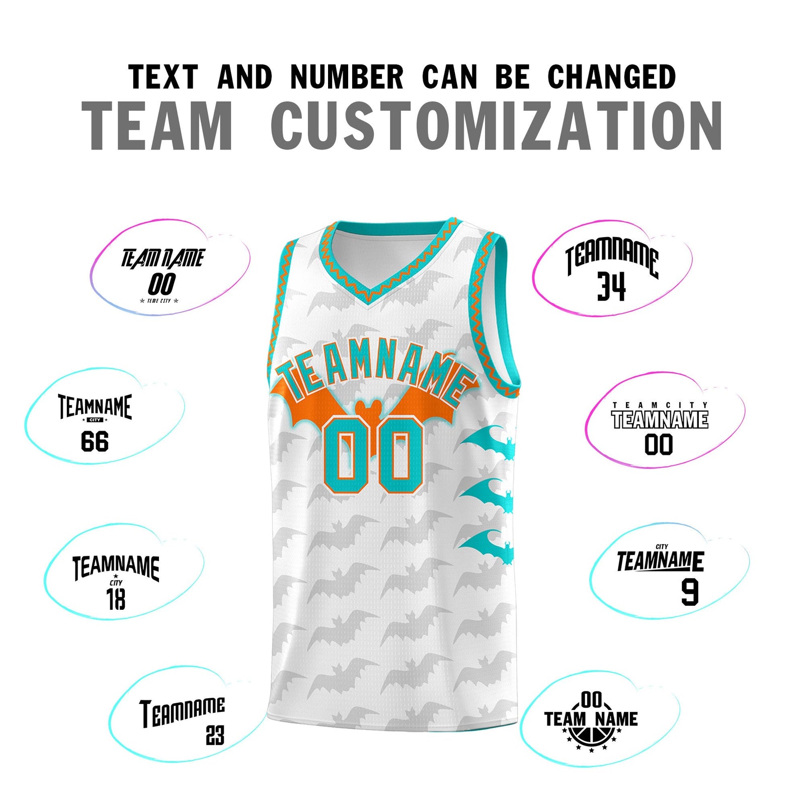 Custom White Orange Aqua Bat Pattern Halloween Basketball Jersey | For Men,For Kid,For Youth,Sublimation Printed,Perfect for Training,Perfect for Parties,Add Name and Numbern | KXKSHOP