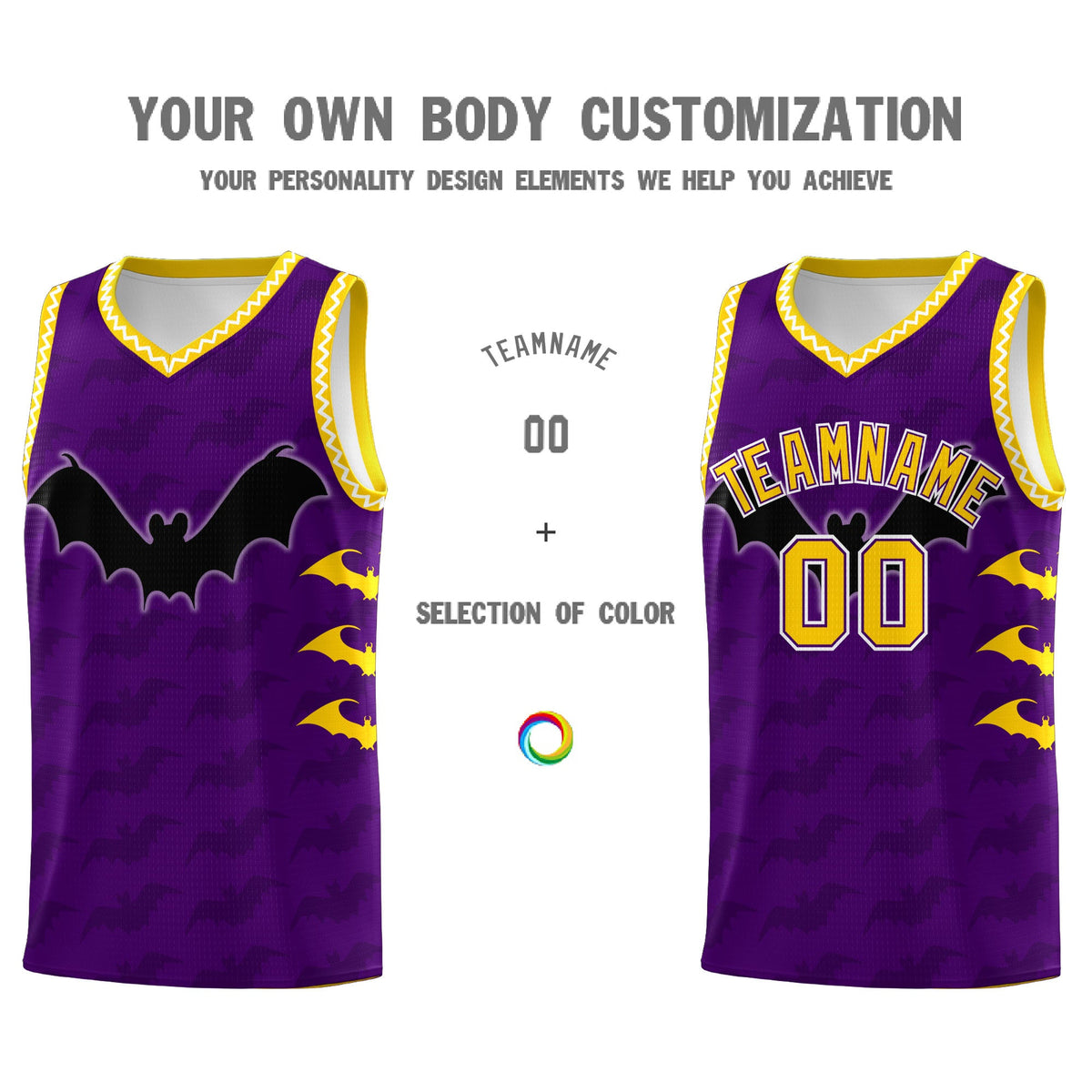 Custom Purple Gold White Bat Pattern Halloween Basketball Jersey | For Men,For Kid,For Youth,Sublimation Printed,Perfect for Training,Perfect for Parties,Add Name and Numbern | KXKSHOP