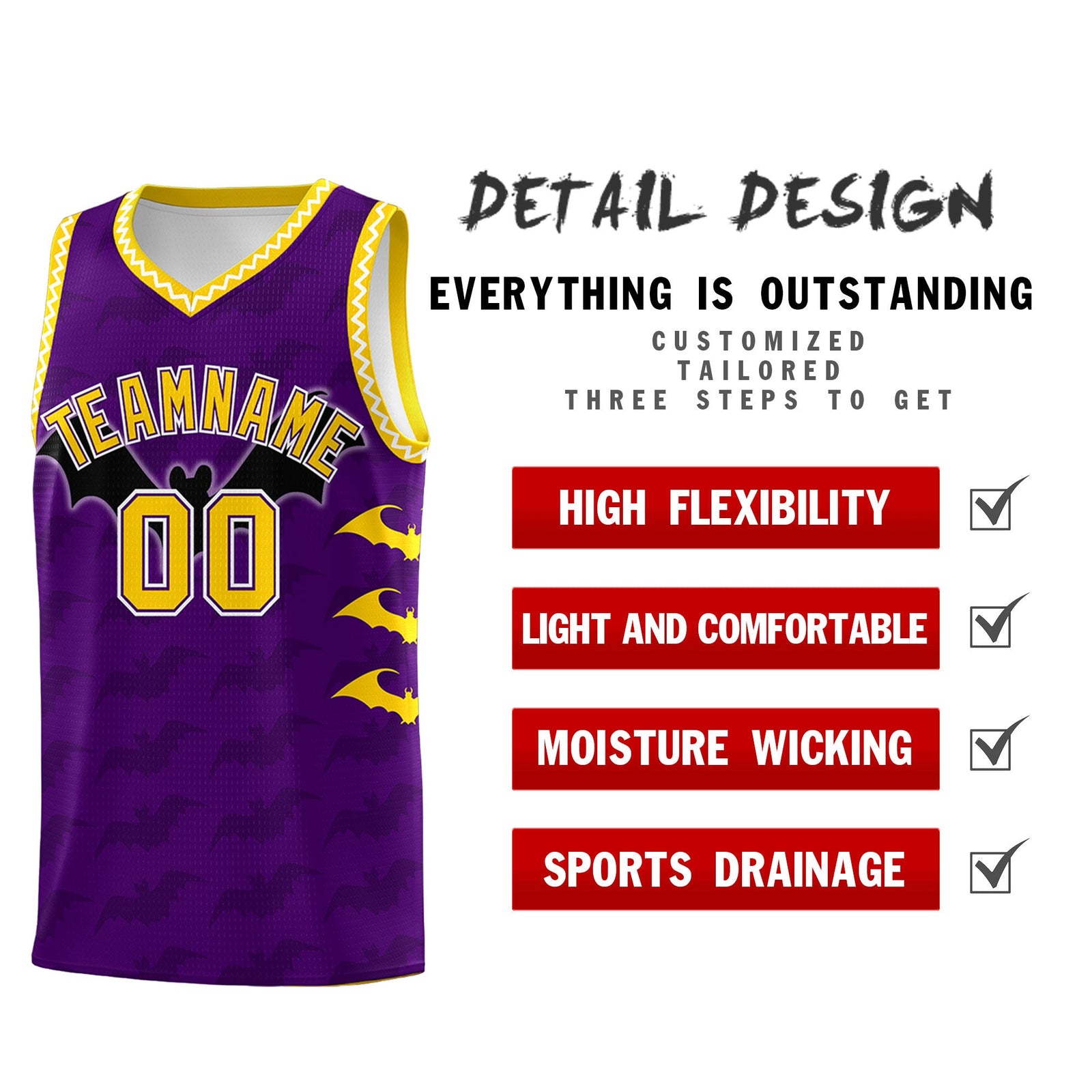 Custom Purple Gold White Bat Pattern Halloween Basketball Jersey | For Men,For Kid,For Youth,Sublimation Printed,Perfect for Training,Perfect for Parties,Add Name and Numbern | KXKSHOP