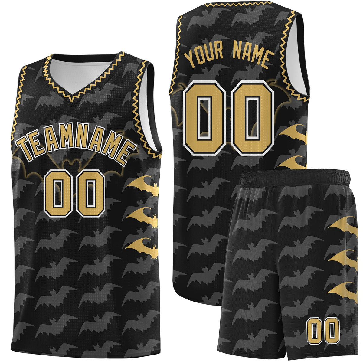 Custom Black Old Gold White Bat Pattern Halloween Basketball Jersey | For Men,For Kid,For Youth,Sublimation Printed,Perfect for Training,Perfect for Parties,Add Name and Numbern | KXKSHOP