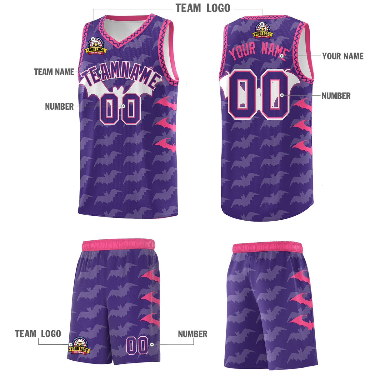 Custom Purple White Pink Bat Pattern Halloween Basketball Jersey | For Men,For Kid,For Youth,Sublimation Printed,Perfect for Training,Perfect for Parties,Add Name and Numbern | KXKSHOP