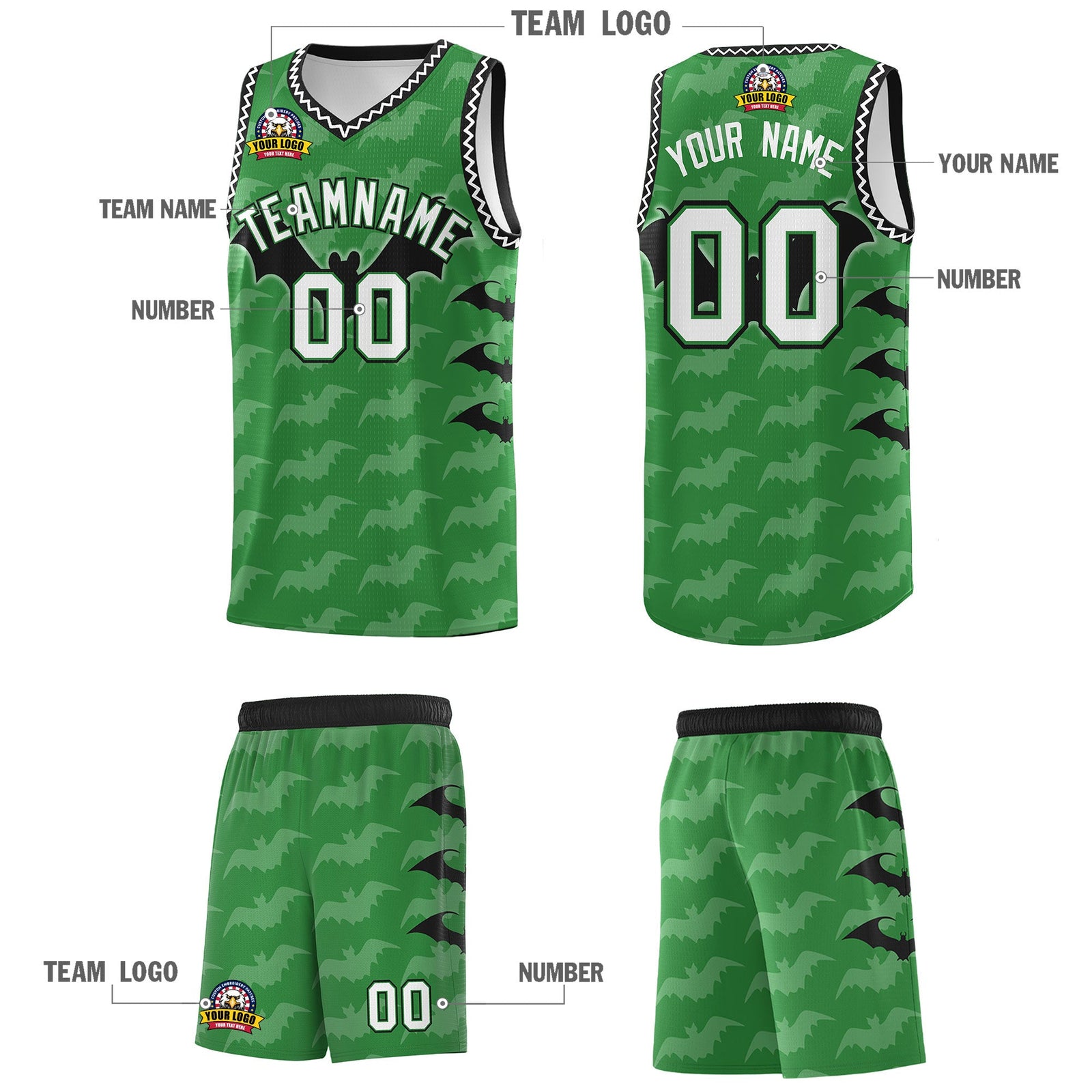 Custom Kelly Green White Black Bat Pattern Halloween Basketball Jersey | For Men,For Kid,For Youth,Sublimation Printed,Perfect for Training,Perfect for Parties,Add Name and Numbern | KXKSHOP