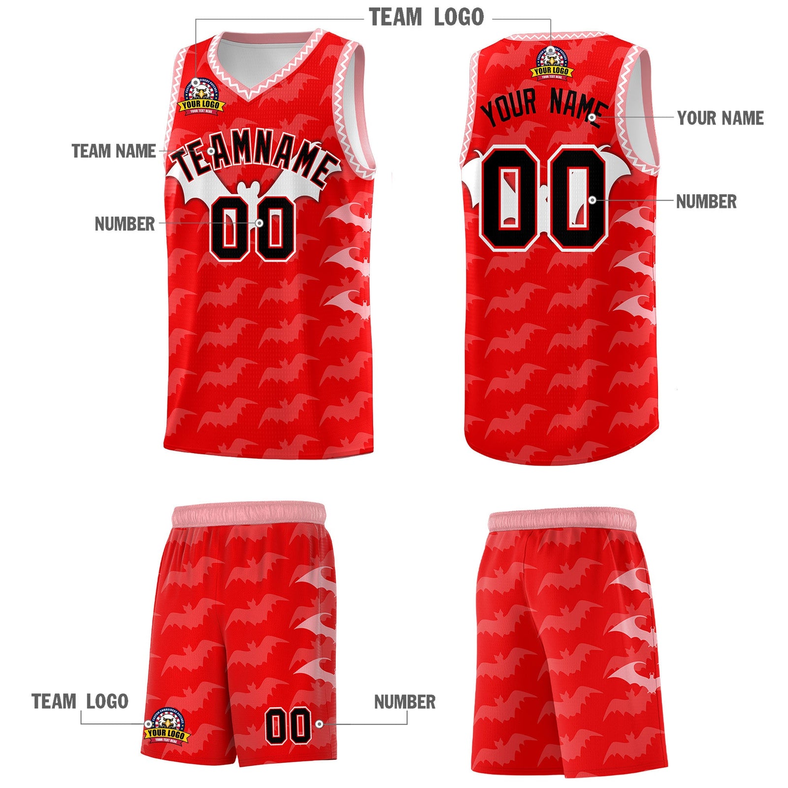 Custom Light Red White Bat Pattern Halloween Basketball Jersey | For Men,For Kid,For Youth,Sublimation Printed,Perfect for Training,Perfect for Parties,Add Name and Numbern | KXKSHOP