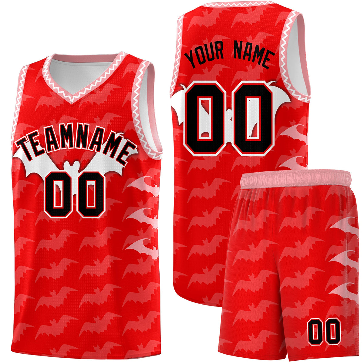 Custom Light Red White Bat Pattern Halloween Basketball Jersey | For Men,For Kid,For Youth,Sublimation Printed,Perfect for Training,Perfect for Parties,Add Name and Numbern | KXKSHOP