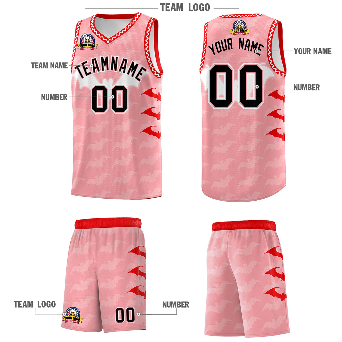 Custom Light Pink White Bat Pattern Halloween Basketball Jersey | For Men,For Kid,For Youth,Sublimation Printed,Perfect for Training,Perfect for Parties,Add Name and Numbern | KXKSHOP