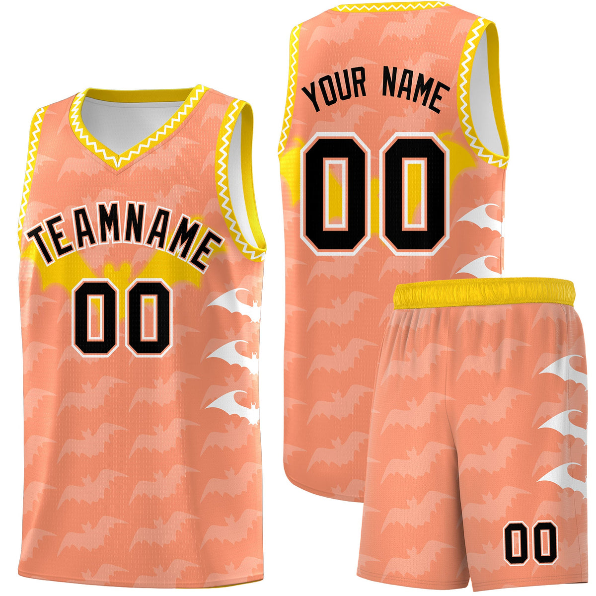 Custom Light Orange White Bat Pattern Halloween Basketball Jersey | For Men,For Kid,For Youth,Sublimation Printed,Perfect for Training,Perfect for Parties,Add Name and Numbern | KXKSHOP