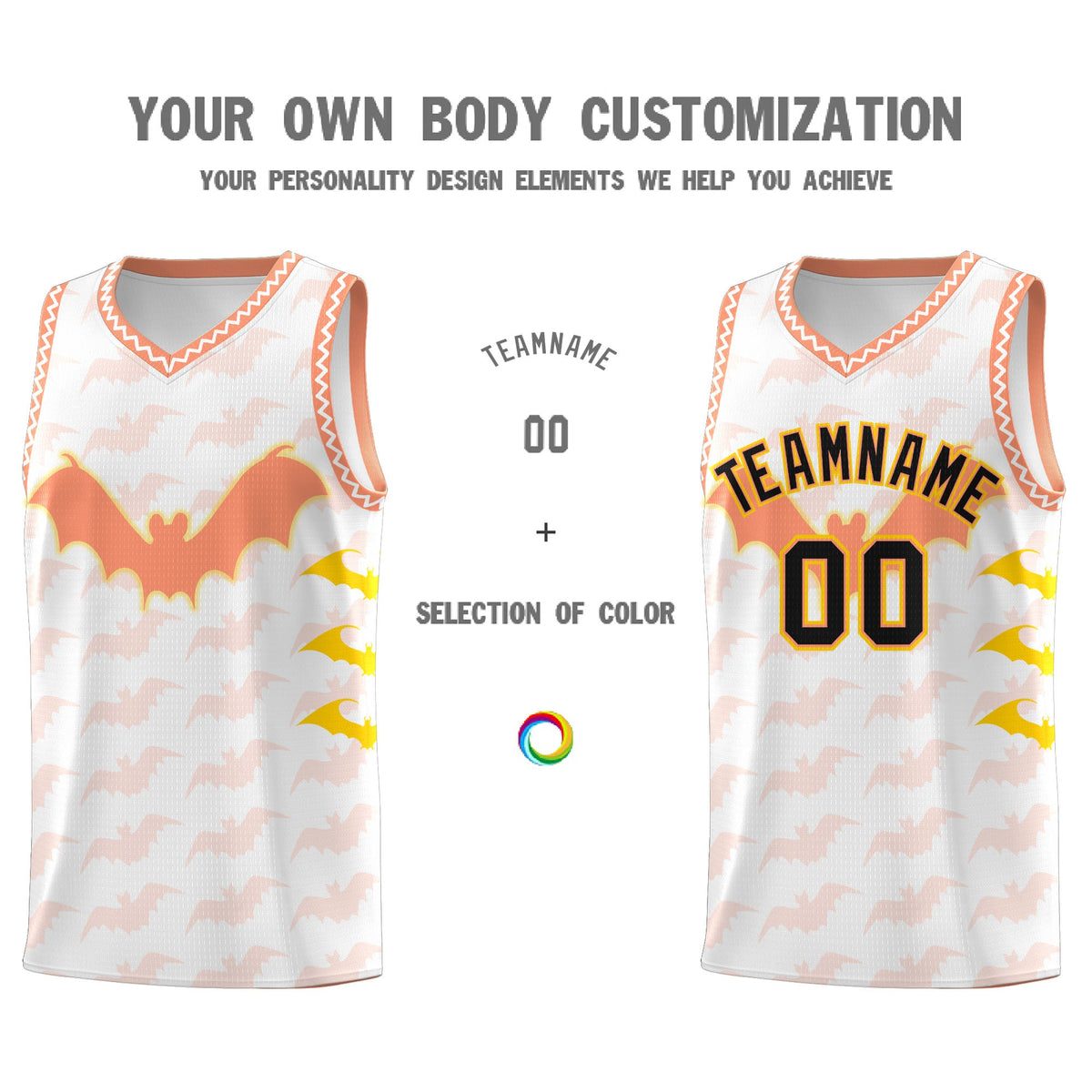 Custom White Gold Light Orange Bat Pattern Halloween Basketball Jersey | For Men,For Kid,For Youth,Sublimation Printed,Perfect for Training,Perfect for Parties,Add Name and Numbern | KXKSHOP