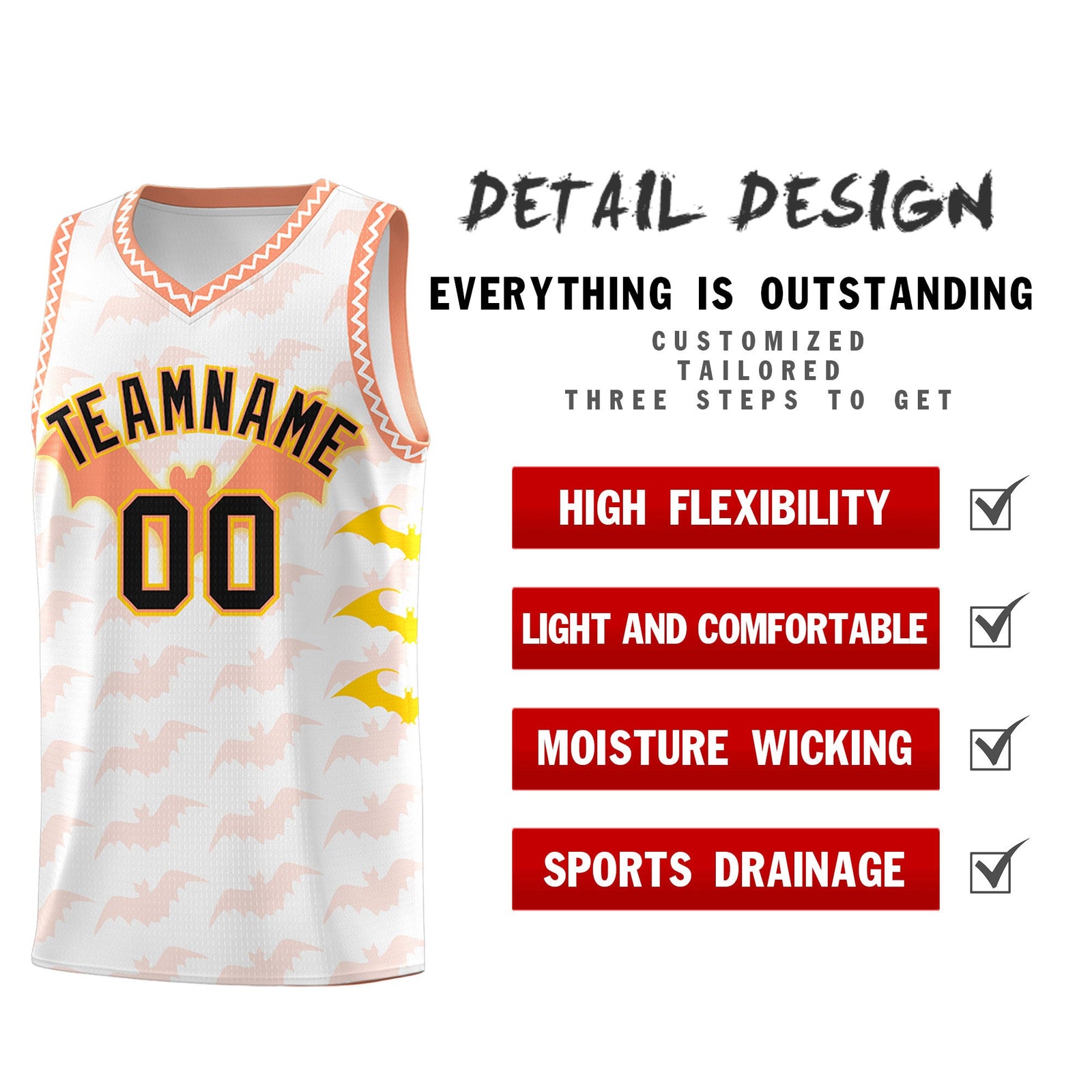 Custom White Gold Light Orange Bat Pattern Halloween Basketball Jersey | For Men,For Kid,For Youth,Sublimation Printed,Perfect for Training,Perfect for Parties,Add Name and Numbern | KXKSHOP