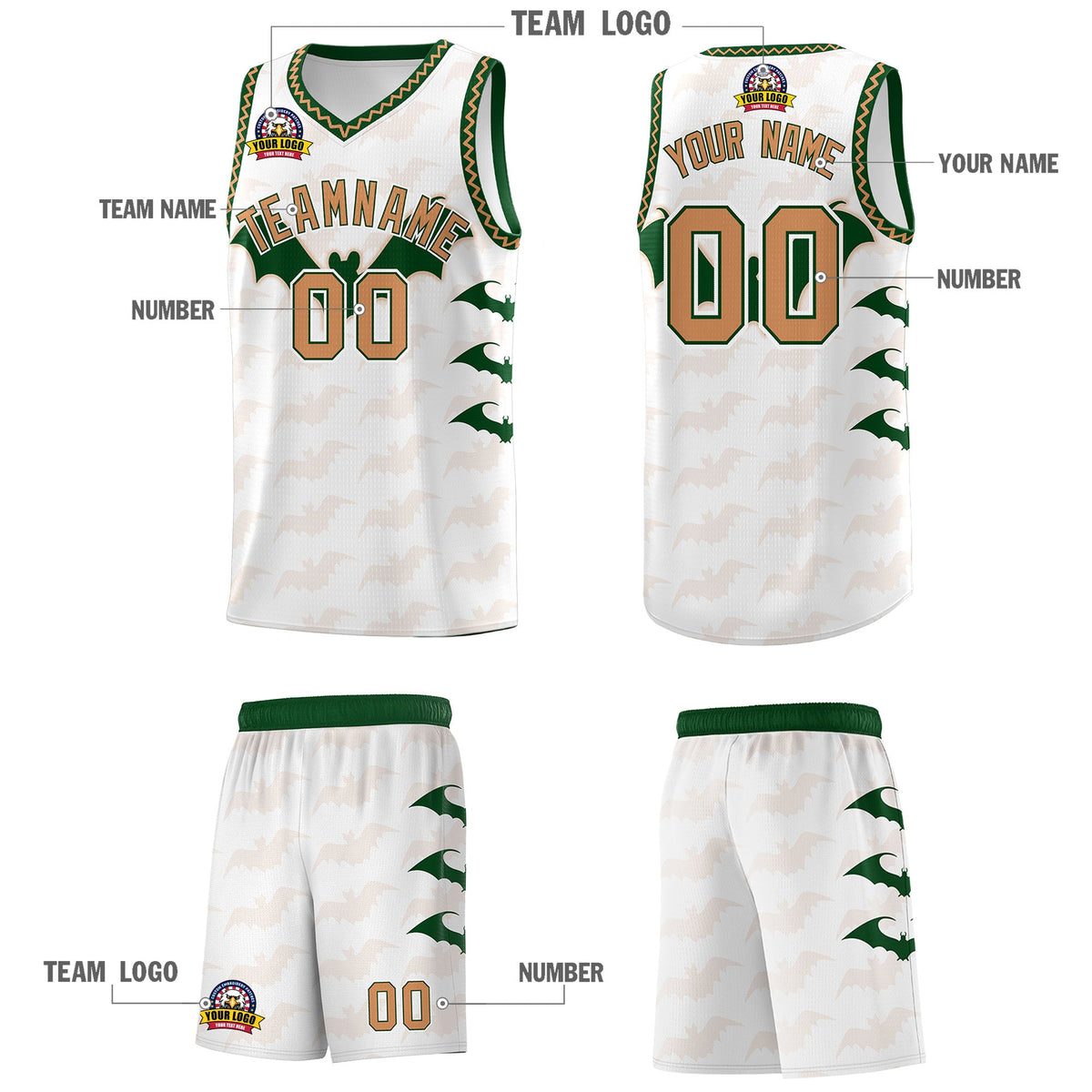 Custom White Buckskin Brown Bat Pattern Halloween Basketball Jersey | For Men,For Kid,For Youth,Sublimation Printed,Perfect for Training,Perfect for Parties,Add Name and Numbern | KXKSHOP