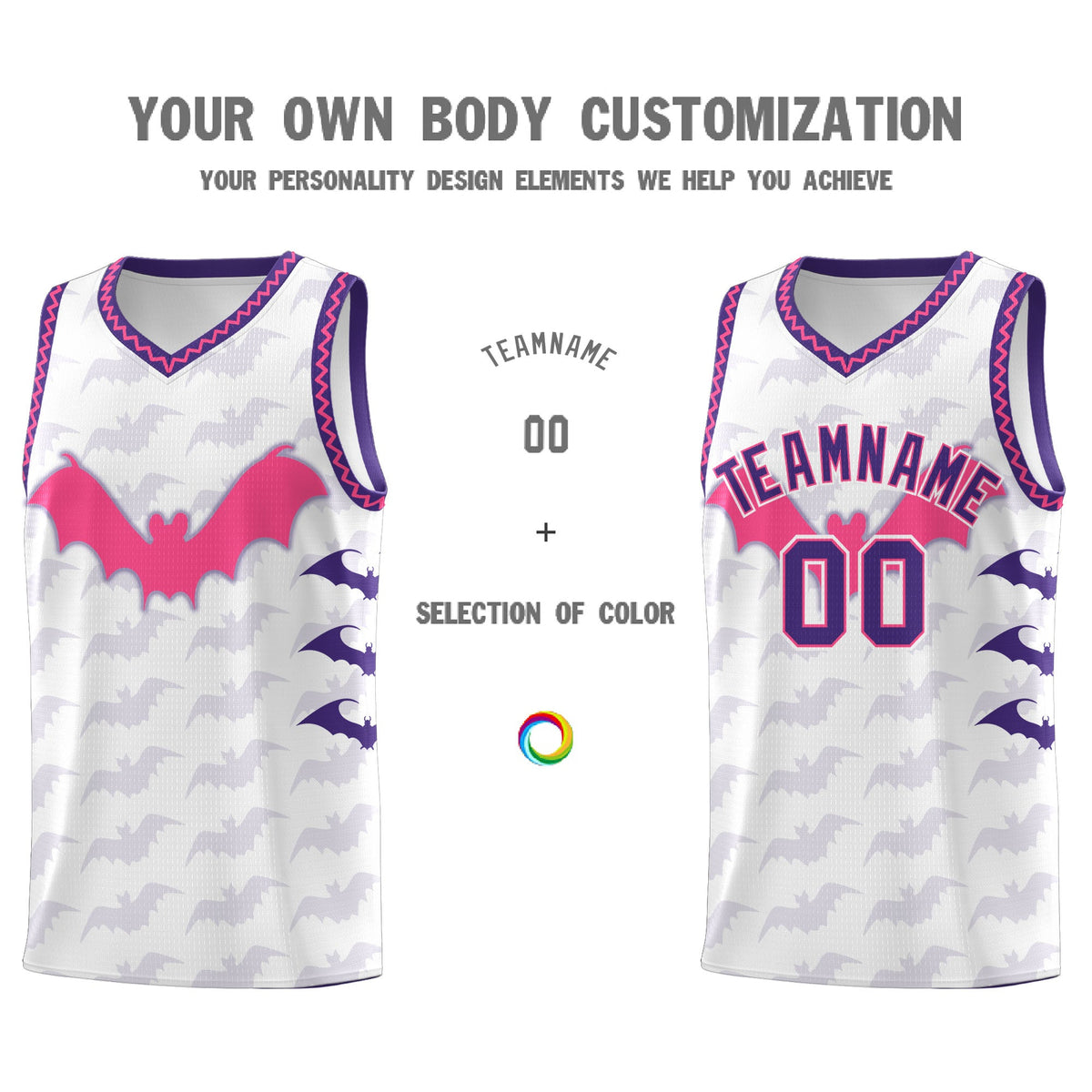 Custom White Pink Purple Bat Pattern Halloween Basketball Jersey | For Men,For Kid,For Youth,Sublimation Printed,Perfect for Training,Perfect for Parties,Add Name and Numbern | KXKSHOP
