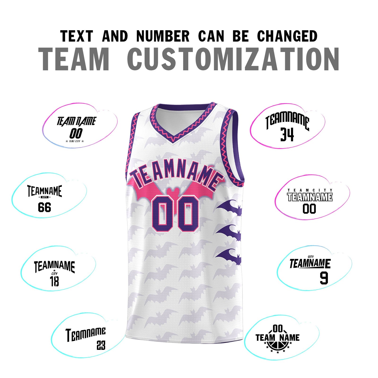 Custom White Pink Purple Bat Pattern Halloween Basketball Jersey | For Men,For Kid,For Youth,Sublimation Printed,Perfect for Training,Perfect for Parties,Add Name and Numbern | KXKSHOP