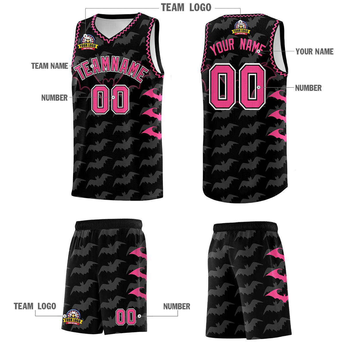 Custom Black Pink Bat Pattern Halloween Basketball Jersey | For Men,For Kid,For Youth,Sublimation Printed,Perfect for Training,Perfect for Parties,Add Name and Numbern | KXKSHOP