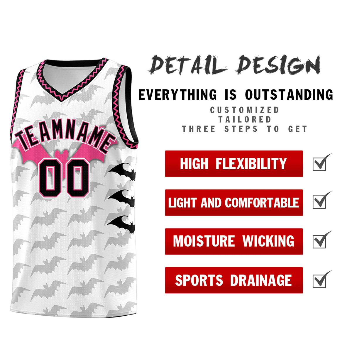 Custom White Black Pink Bat Pattern Halloween Basketball Jersey | For Men,For Kid,For Youth,Sublimation Printed,Perfect for Training,Perfect for Parties,Add Name and Numbern | KXKSHOP