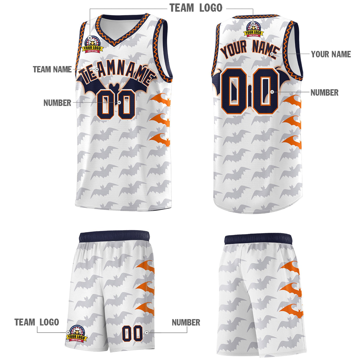 Custom White Orange Navy Bat Pattern Halloween Basketball Jersey | For Men,For Kid,For Youth,Sublimation Printed,Perfect for Training,Perfect for Parties,Add Name and Numbern | KXKSHOP