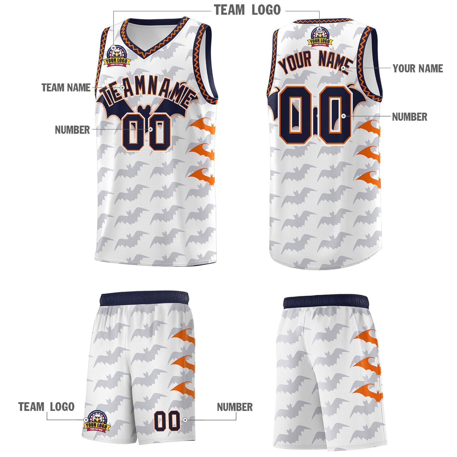 Custom White Orange Navy Bat Pattern Halloween Basketball Jersey | For Men,For Kid,For Youth,Sublimation Printed,Perfect for Training,Perfect for Parties,Add Name and Numbern | KXKSHOP