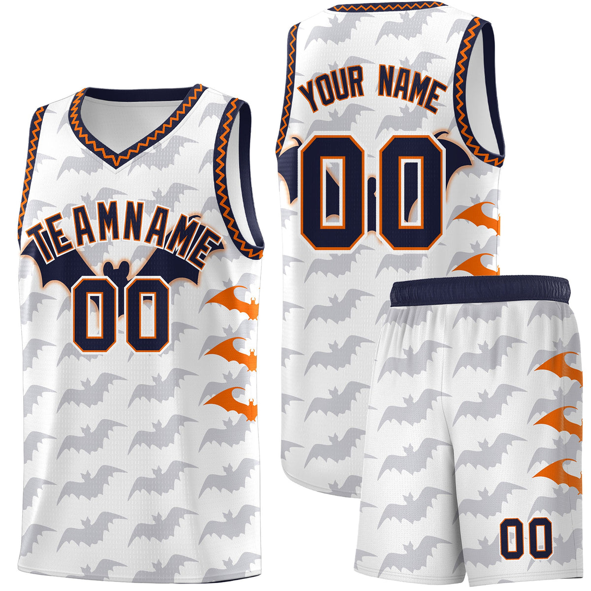 Custom White Orange Navy Bat Pattern Halloween Basketball Jersey | For Men,For Kid,For Youth,Sublimation Printed,Perfect for Training,Perfect for Parties,Add Name and Numbern | KXKSHOP