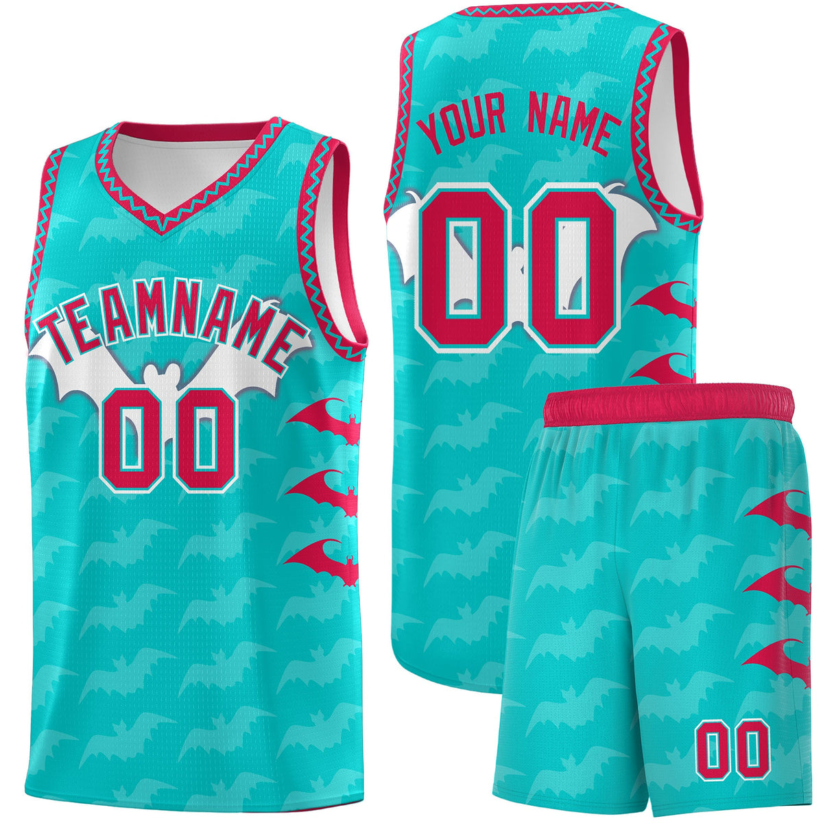 Custom Aqua White Red Bat Pattern Halloween Basketball Jersey | For Men,For Kid,For Youth,Sublimation Printed,Perfect for Training,Perfect for Parties,Add Name and Numbern | KXKSHOP