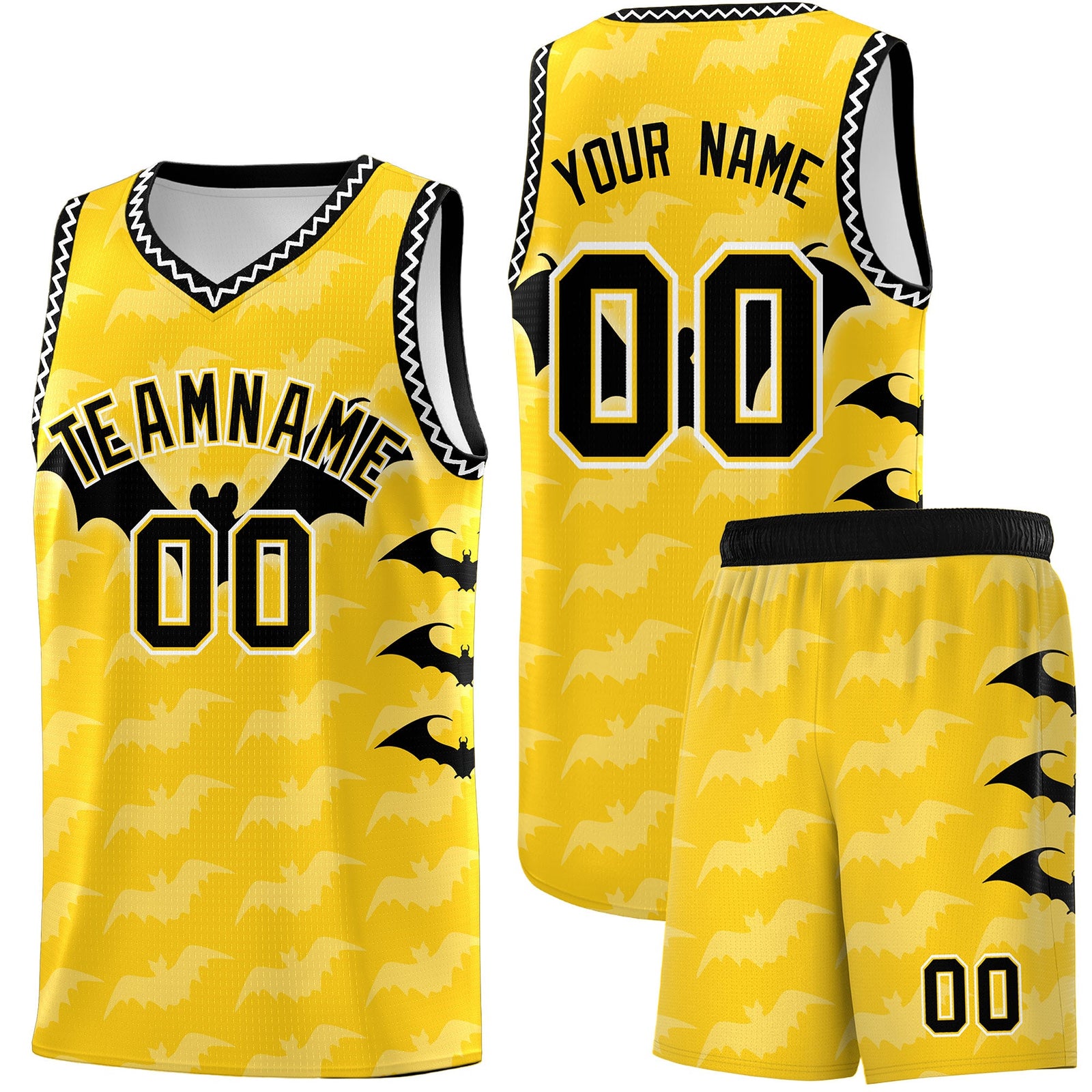 Custom Gold White Black Bat Pattern Halloween Basketball Jersey | For Men,For Kid,For Youth,Sublimation Printed,Perfect for Training,Perfect for Parties,Add Name and Numbern | KXKSHOP