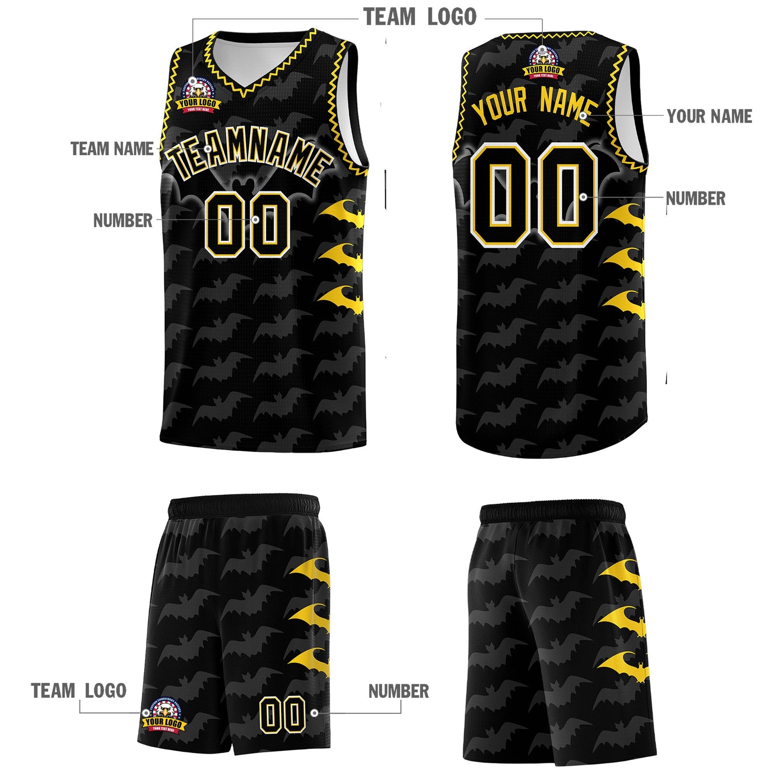 Custom Black Gold Bat Pattern Halloween Basketball Jersey | For Men,For Kid,For Youth,Sublimation Printed,Perfect for Training,Perfect for Parties,Add Name and Numbern | KXKSHOP