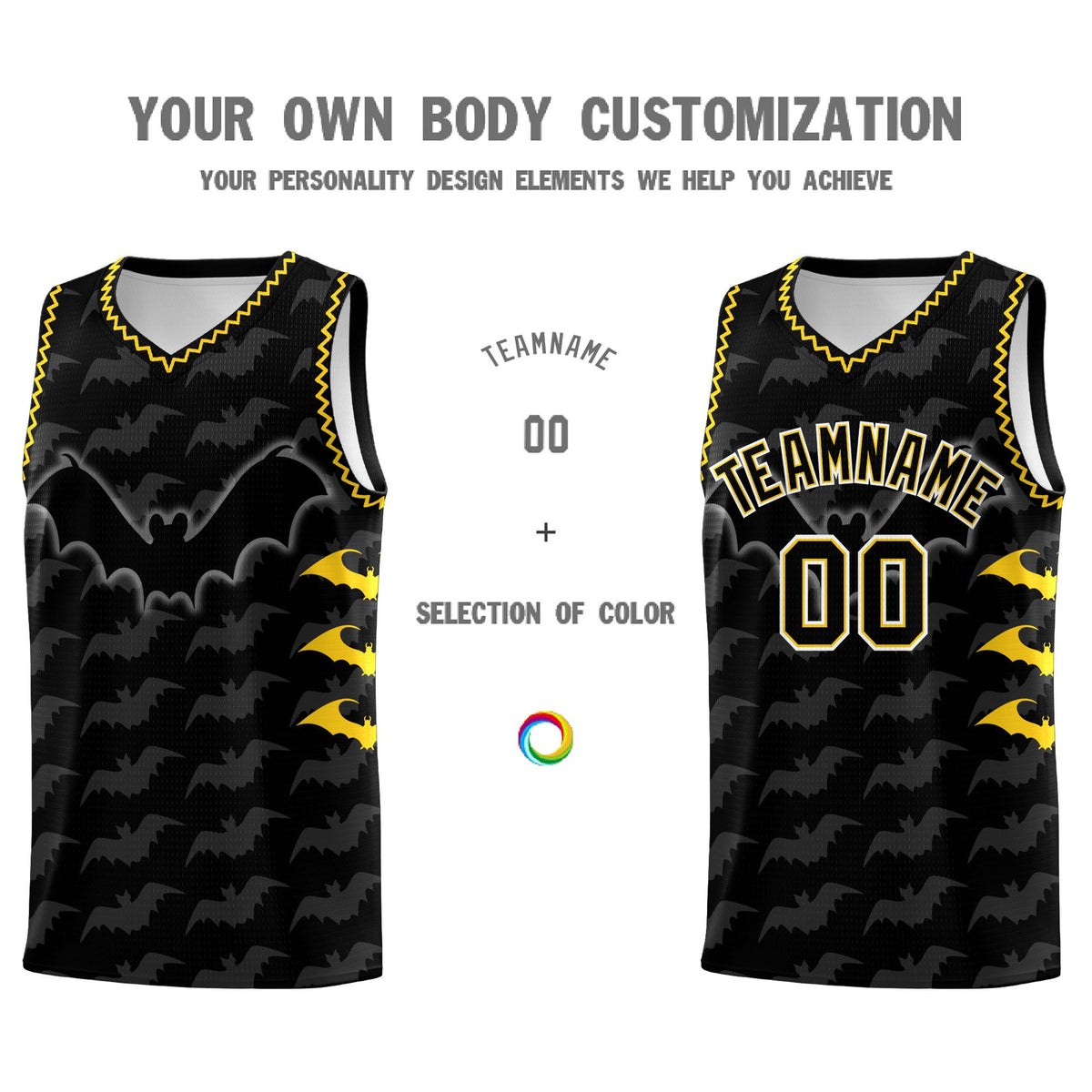 Custom Black Gold Bat Pattern Halloween Basketball Jersey | For Men,For Kid,For Youth,Sublimation Printed,Perfect for Training,Perfect for Parties,Add Name and Numbern | KXKSHOP