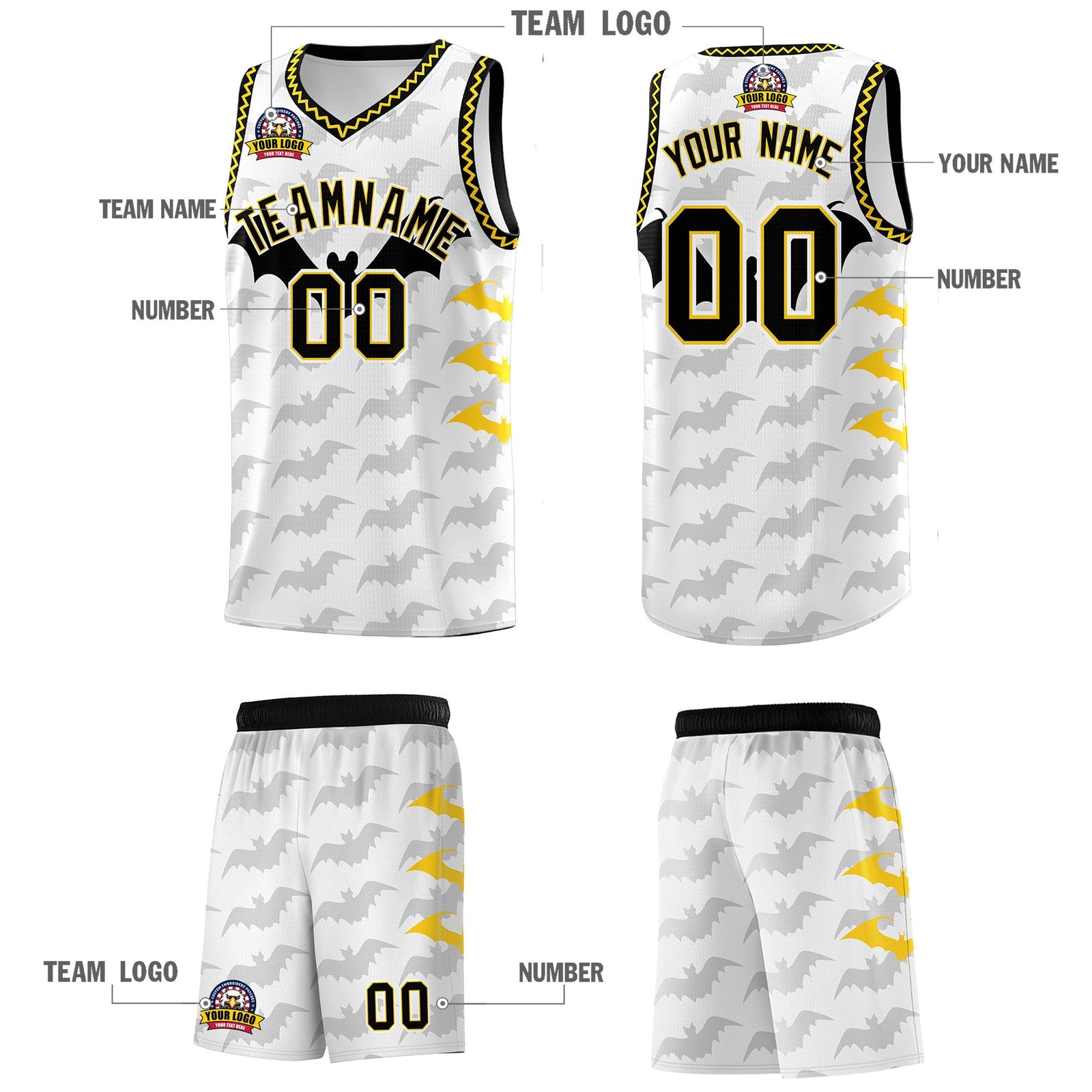 Custom White Gold Black Bat Pattern Halloween Basketball Jersey | For Men,For Kid,For Youth,Sublimation Printed,Perfect for Training,Perfect for Parties,Add Name and Numbern | KXKSHOP