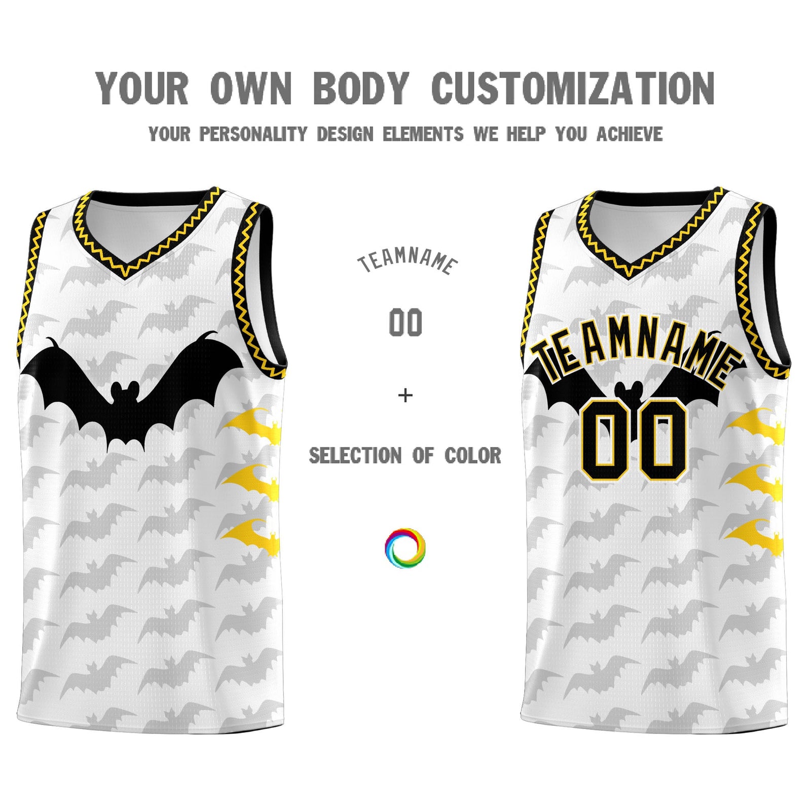 Custom White Gold Black Bat Pattern Halloween Basketball Jersey | For Men,For Kid,For Youth,Sublimation Printed,Perfect for Training,Perfect for Parties,Add Name and Numbern | KXKSHOP