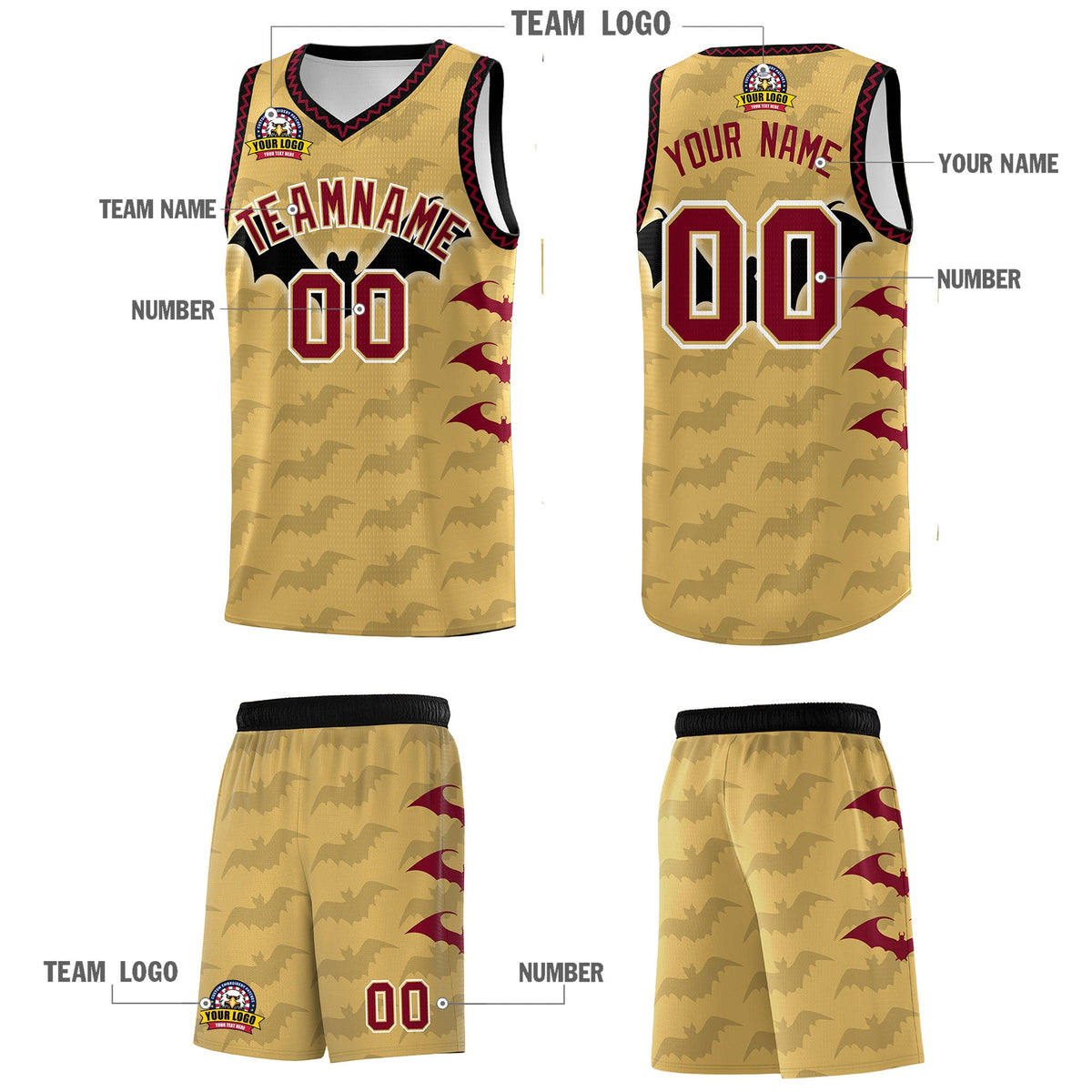 Custom Old Gold Crimson Bat Pattern Halloween Basketball Jersey | For Men,For Kid,For Youth,Sublimation Printed,Perfect for Training,Perfect for Parties,Add Name and Numbern | KXKSHOP