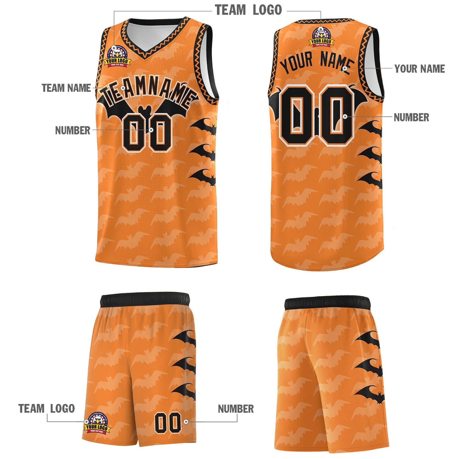 Custom Gold Orange Bat Pattern Halloween Basketball Jersey | For Men,For Kid,For Youth,Sublimation Printed,Perfect for Training,Perfect for Parties,Add Name and Numbern | KXKSHOP