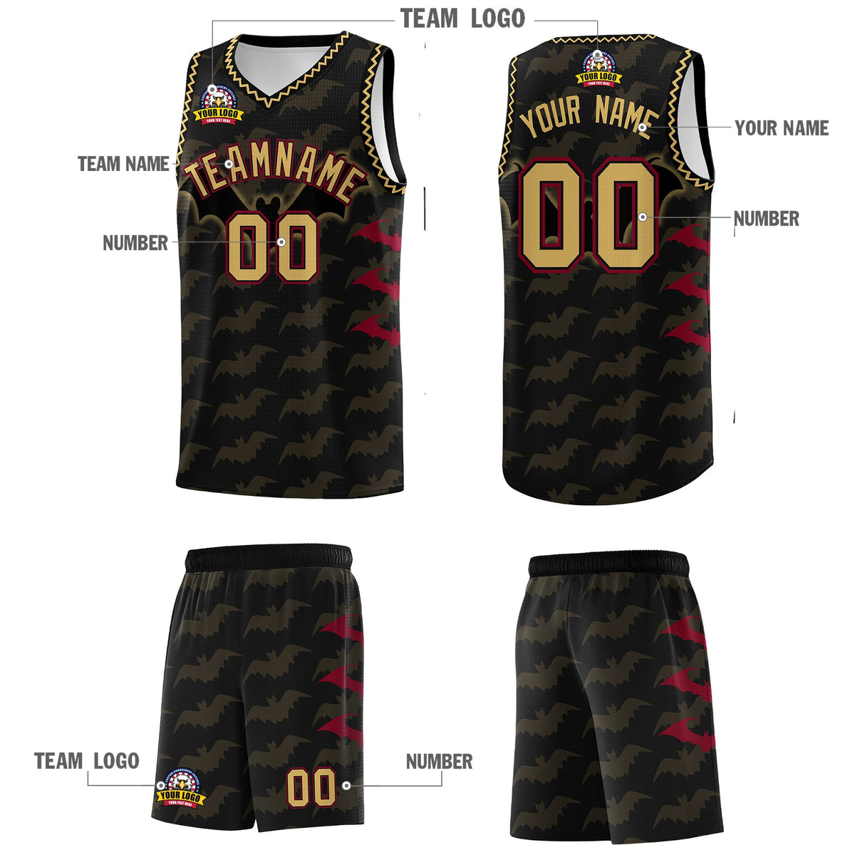 Custom Black Old Gold Crimson Bat Pattern Halloween Basketball Jersey | For Men,For Kid,For Youth,Sublimation Printed,Perfect for Training,Perfect for Parties,Add Name and Numbern | KXKSHOP