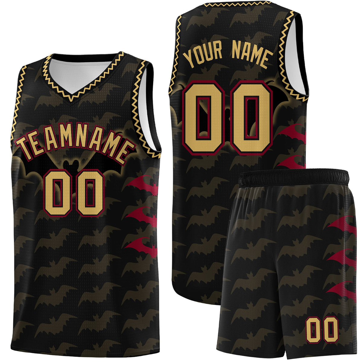 Custom Black Old Gold Crimson Bat Pattern Halloween Basketball Jersey | For Men,For Kid,For Youth,Sublimation Printed,Perfect for Training,Perfect for Parties,Add Name and Numbern | KXKSHOP