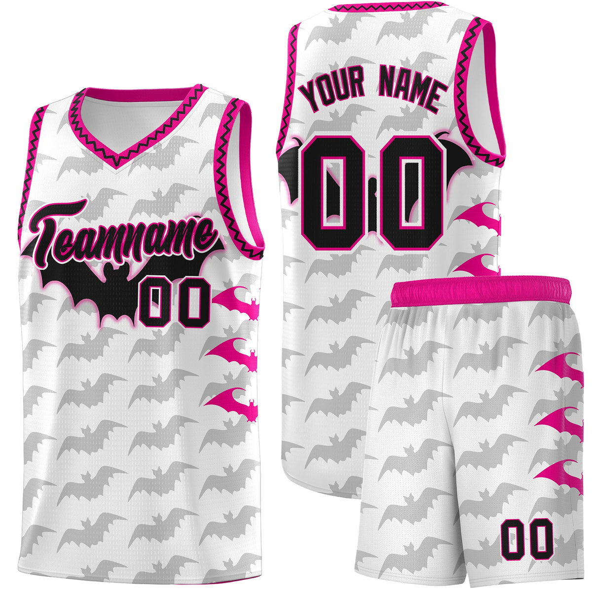 Custom White Pink Black Bat Pattern Halloween Basketball Jersey | For Men,For Kid,For Youth,Sublimation Printed,Perfect for Training,Perfect for Parties,Add Name and Numbern | KXKSHOP