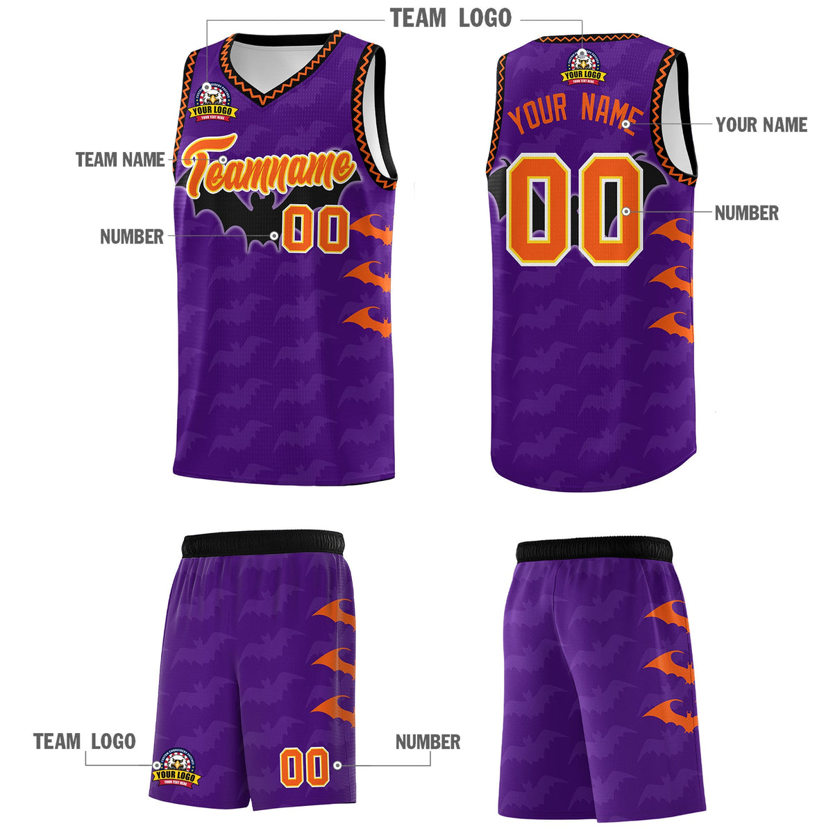 Custom Purple Orange Bat Pattern Halloween Basketball Jersey | For Men,For Kid,For Youth,Sublimation Printed,Perfect for Training,Perfect for Parties,Add Name and Numbern | KXKSHOP