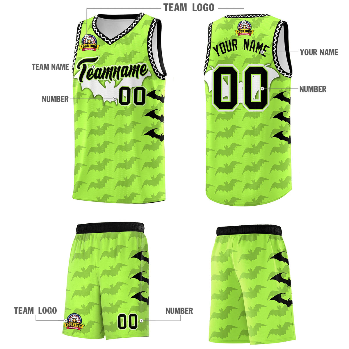 Custom Fluorescent Green White Bat Pattern Halloween Basketball Jersey | For Men,For Kid,For Youth,Sublimation Printed,Perfect for Training,Perfect for Parties,Add Name and Numbern | KXKSHOP