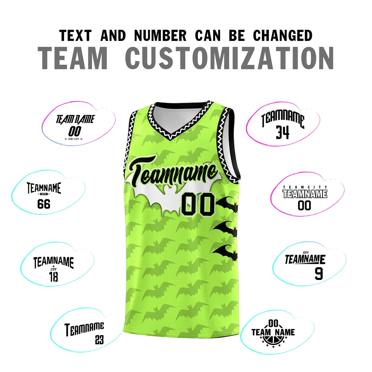 Custom Fluorescent Green White Bat Pattern Halloween Basketball Jersey | For Men,For Kid,For Youth,Sublimation Printed,Perfect for Training,Perfect for Parties,Add Name and Numbern | KXKSHOP