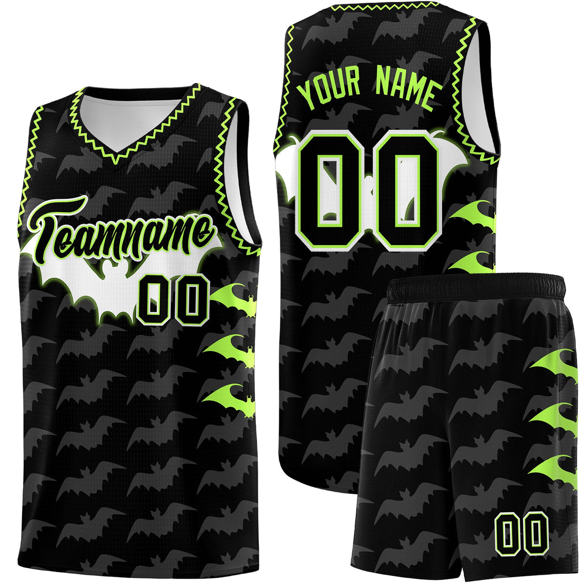 Custom Black Fluorescent Green Bat Pattern Halloween Basketball Jersey | For Men,For Kid,For Youth,Sublimation Printed,Perfect for Training,Perfect for Parties,Add Name and Numbern | KXKSHOP