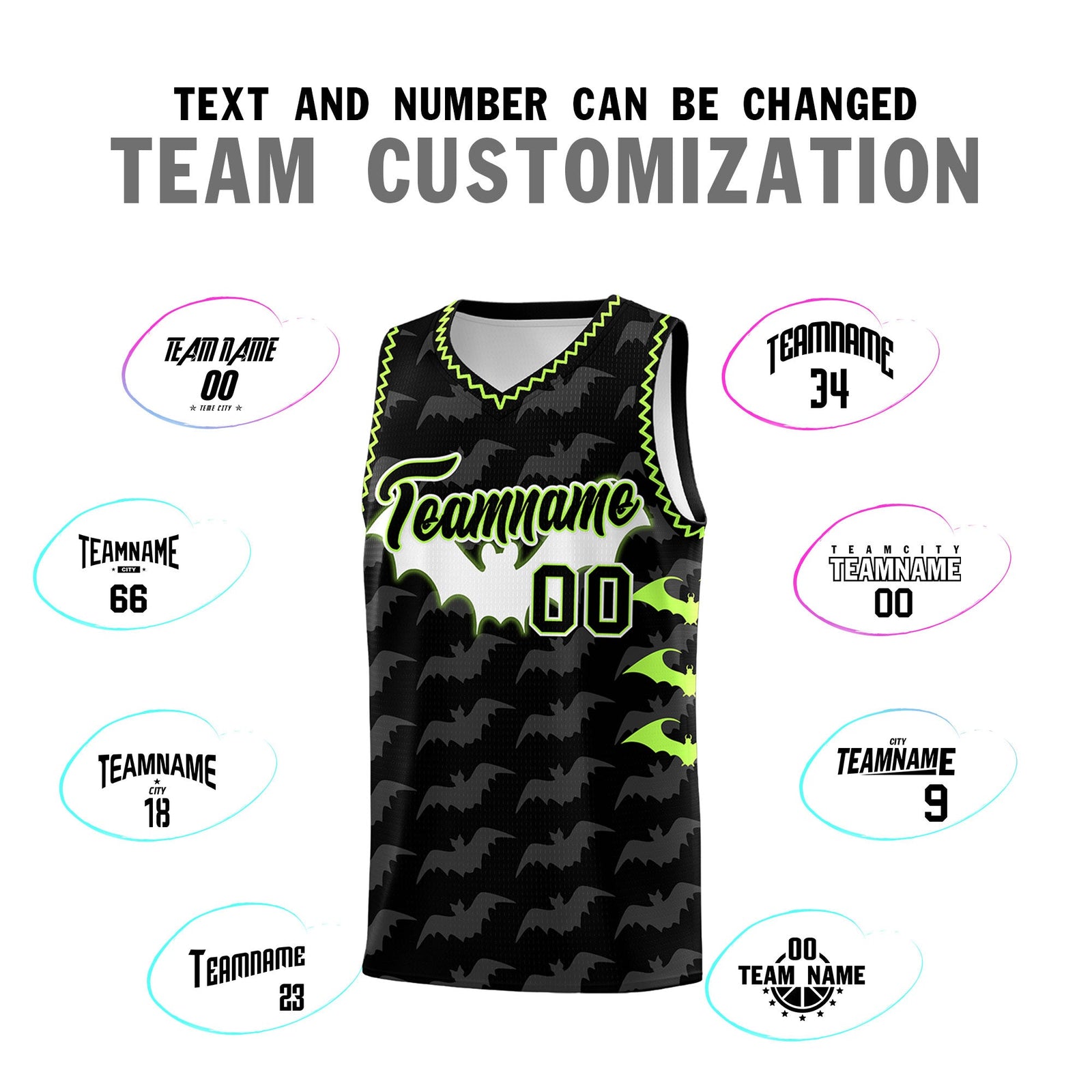 Custom Black Fluorescent Green Bat Pattern Halloween Basketball Jersey | For Men,For Kid,For Youth,Sublimation Printed,Perfect for Training,Perfect for Parties,Add Name and Numbern | KXKSHOP