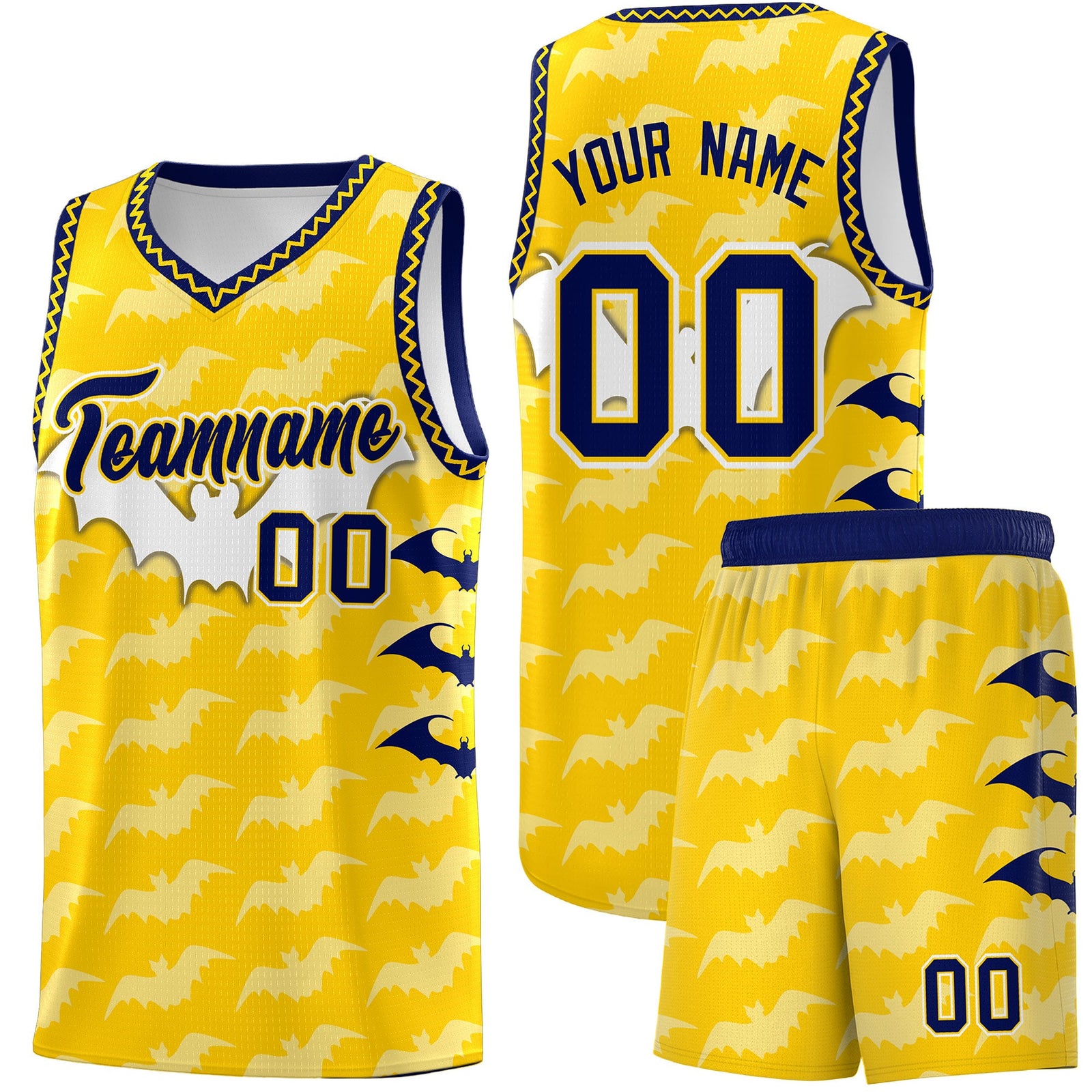 Custom Gold White Navy Bat Pattern Halloween Basketball Jersey | For Men,For Kid,For Youth,Sublimation Printed,Perfect for Training,Perfect for Parties,Add Name and Numbern | KXKSHOP