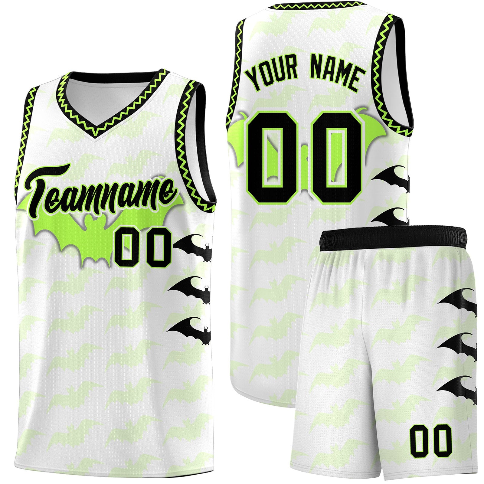Custom White Fluorescent Green Black Bat Pattern Halloween Basketball Jersey | For Men,For Kid,For Youth,Sublimation Printed,Perfect for Training,Perfect for Parties,Add Name and Numbern | KXKSHOP