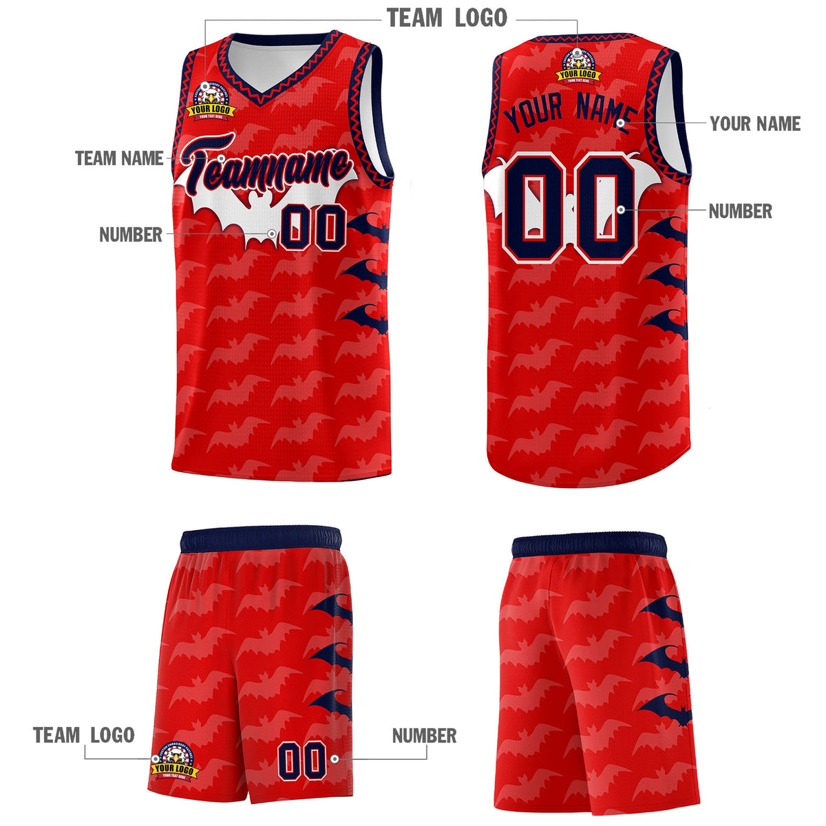 Custom Red White Navy Bat Pattern Halloween Basketball Jersey | For Men,For Kid,For Youth,Sublimation Printed,Perfect for Training,Perfect for Parties,Add Name and Numbern | KXKSHOP
