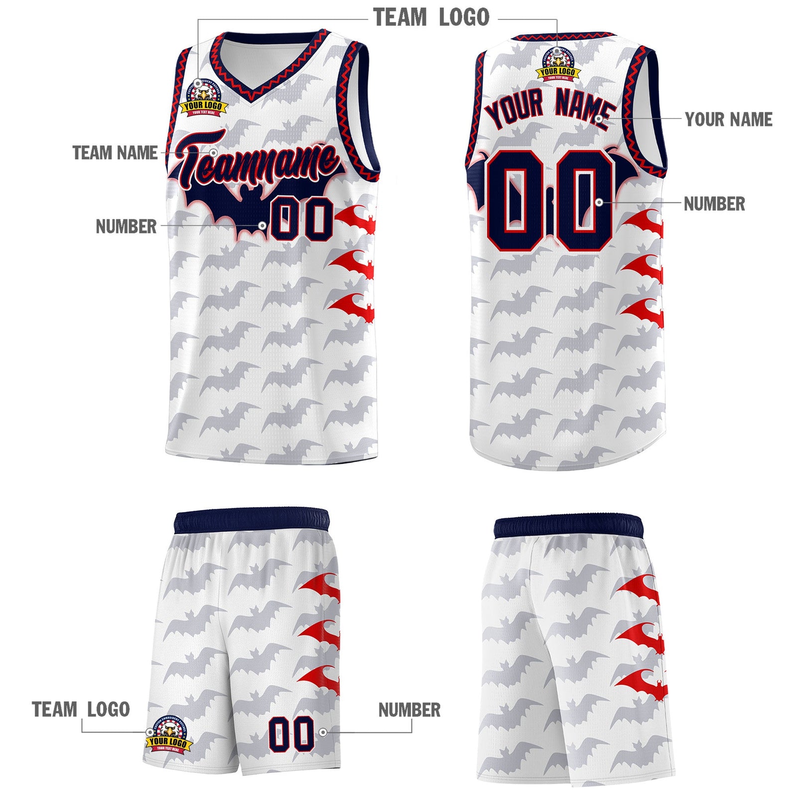 Custom White Red Navy Bat Pattern Halloween Basketball Jersey | For Men,For Kid,For Youth,Sublimation Printed,Perfect for Training,Perfect for Parties,Add Name and Numbern | KXKSHOP