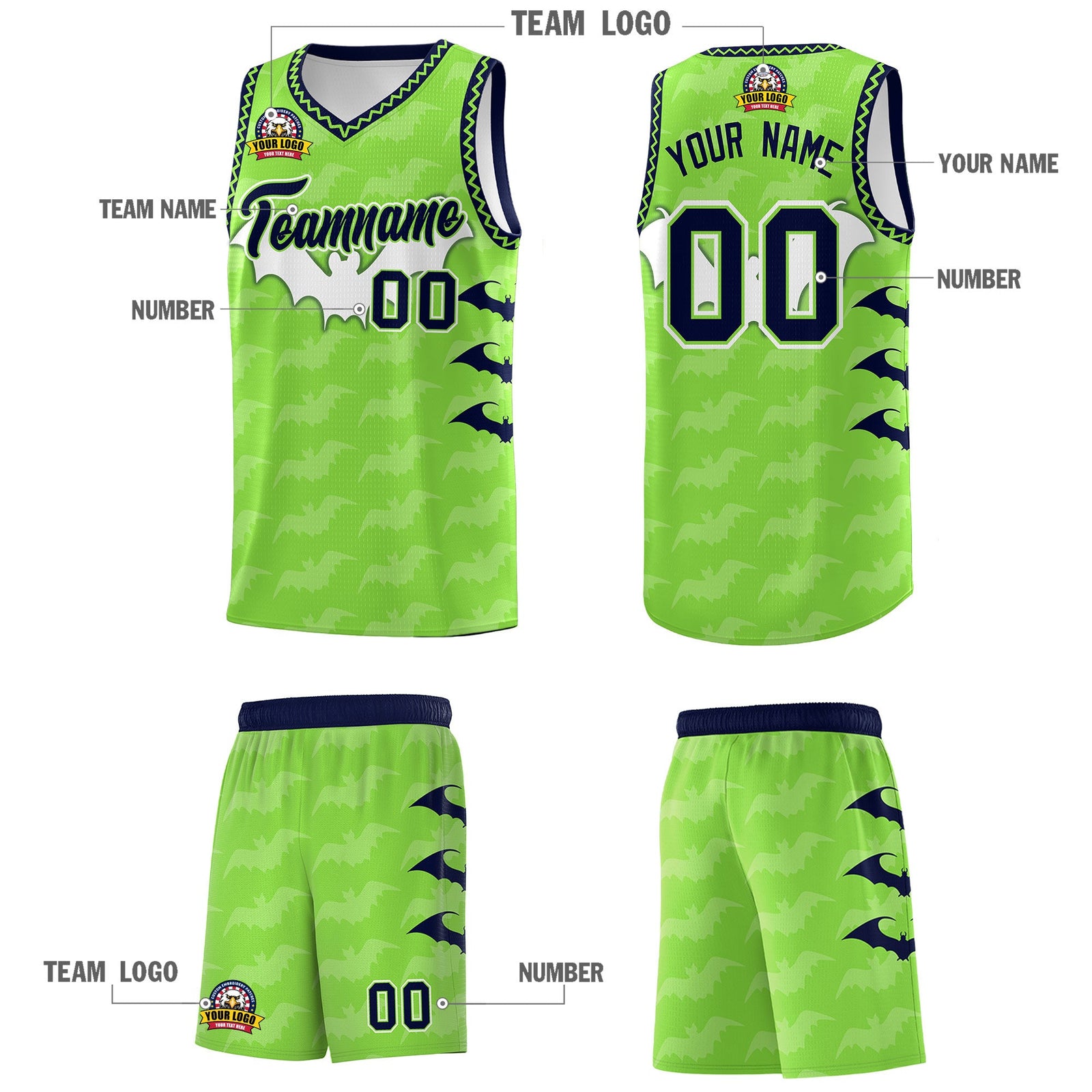 Custom Fluorescent Green Bat Pattern Halloween Basketball Jersey | For Men,For Kid,For Youth,Sublimation Printed,Perfect for Training,Perfect for Parties,Add Name and Numbern | KXKSHOP