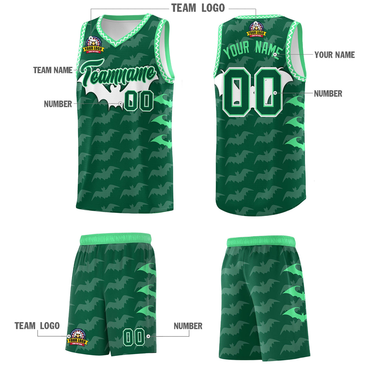 Custom Kelly Green White Green Bat Pattern Halloween Basketball Jersey | For Men,For Kid,For Youth,Sublimation Printed,Perfect for Training,Perfect for Parties,Add Name and Numbern | KXKSHOP